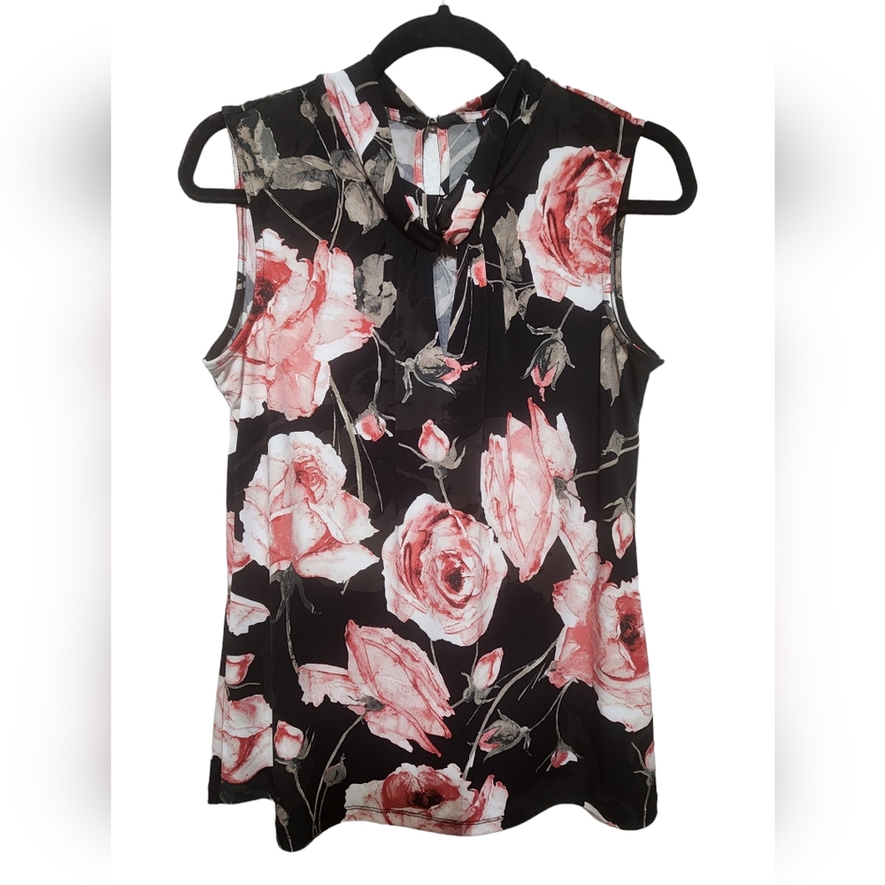 Karl Lagerfeld black pink floral print Sleeveless stretch blouse Women sz S-D107